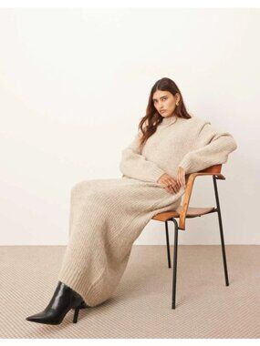 ARRANGE Rib Knitted Structured Shoulder Long Maxi Sweater Dress Oat NWT Large